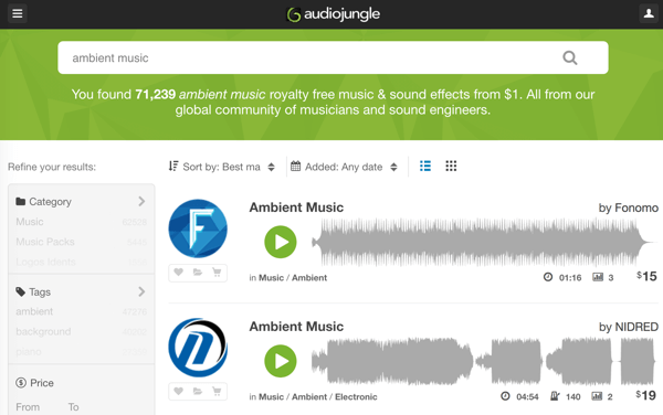 Search through AudioJungle’s robust library of royalty-free music and audio tracks starting at $1.