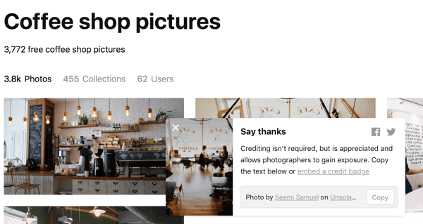 After you’ve downloaded an image, Unsplash will suggest you say thank you by giving credit to the photographer.