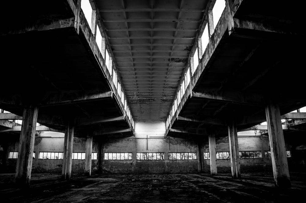 Industrial building interior in dark colors