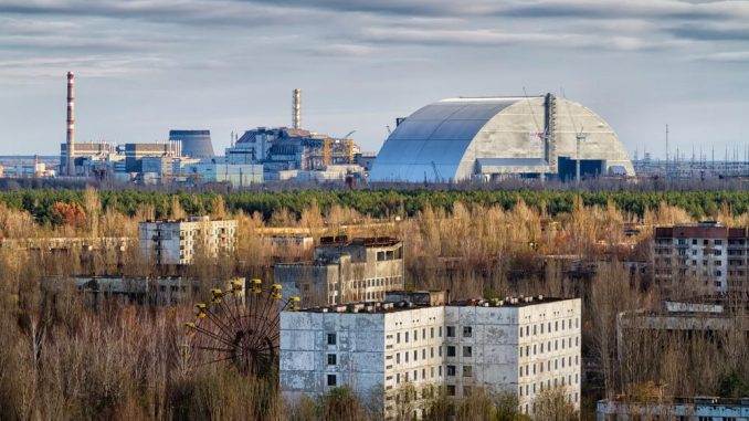 View from roof of 16-storied apartment house in Pripyat town, Chernobyl Nuclear Power Plant Zone of Alienation, Ukraine.