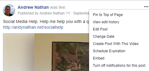 To get the embed code to a Facebook Live video post, click the three dot menu and select Embed.