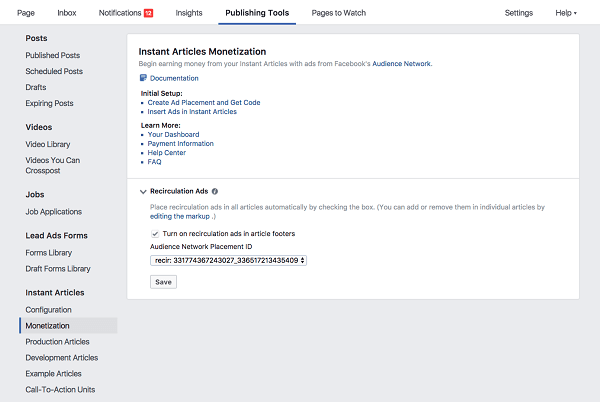 Facebook now allows Instant Article publishers currently using the Audience Network to push recirculation ads to easily turn these ads on or off in the new monetization tab.
