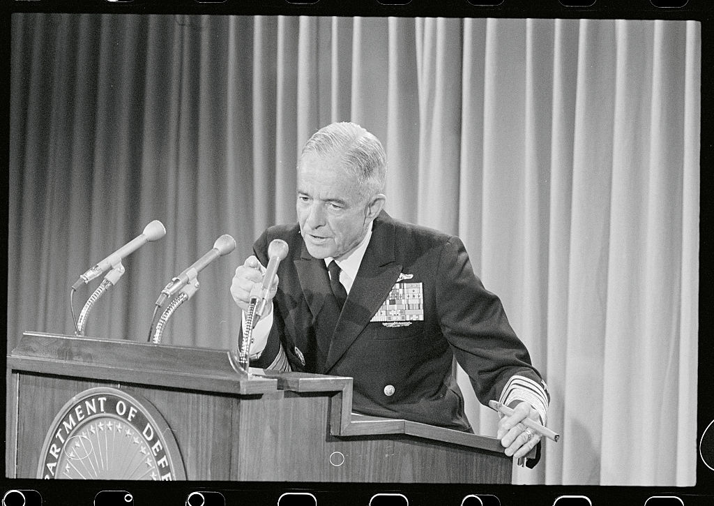 Admiral John S. McCain, Jr., US commander-in-chief in the Pacific, speaks to the media. 