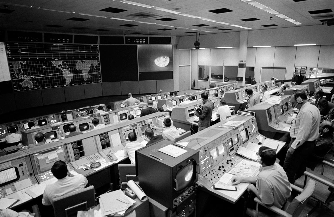 Overall view of the Mission Operations Control Room in the Mission Control Center, Building 30, on the third day of the Apollo 8 lunar orbit mission.