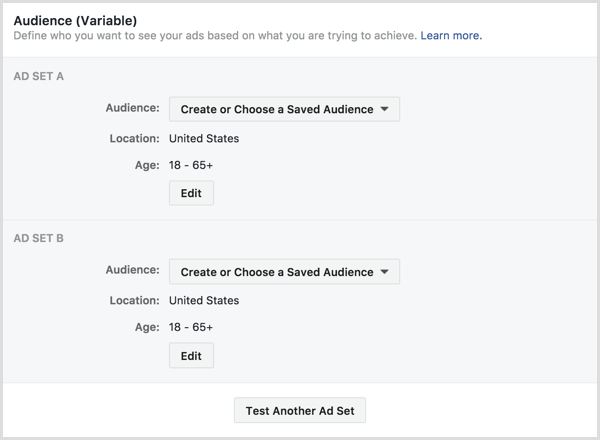 Facebook ad split test ad sets