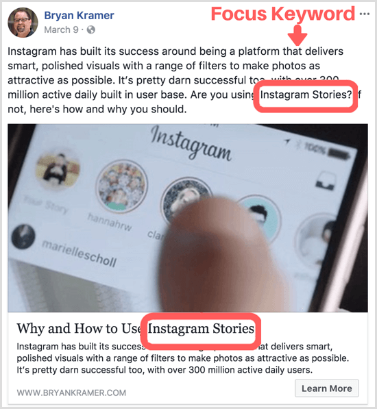 blog post focus keyword in social post
