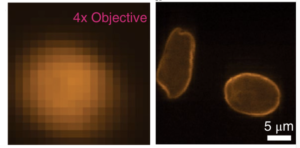 To get a wide field of view typically requires a low-resolution lens (left). But the new lens captures the same field of view while dramatically increasing the resolution.