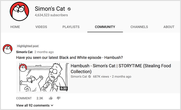 YouTube channel Community tab promote new video