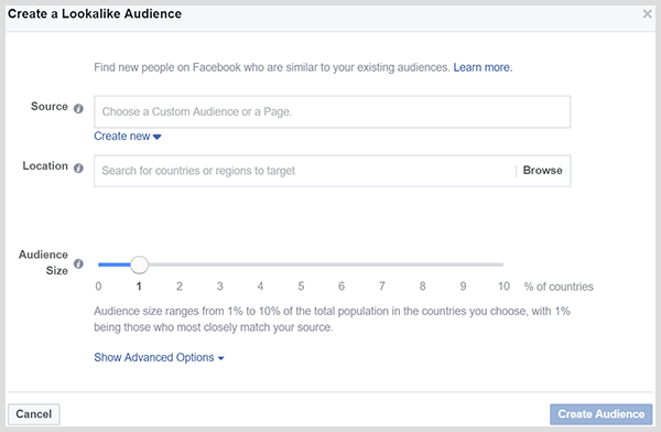 facebook dialog box for creating a lookalike audience
