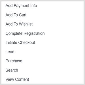 Facebook ad custom conversion options include add payment info, add to cart, add to wishlist, complete registration, initiate checkout, lead, purchase, search, view content.