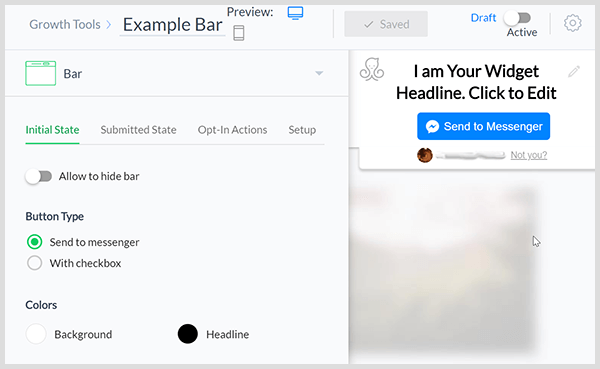 ManyChat growth tools include a website bar that connects to Messenger.