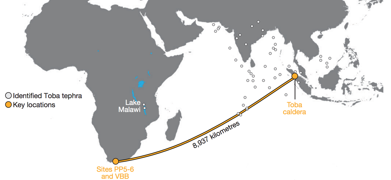  Scientists analyzed the remains of two Paleolithic human campsites in South Africa (PP5-6 and VBB) to see whether there were dramatic changes after the Toba eruption 74,000 years ago in Sumatra. They found clear evidence that ash and glass from the eruption fell at these sites, and yet human habitation remained uninterrupted.