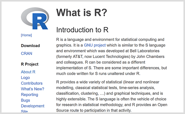 Build your own predictive analytics tools with the programming language R. Screenshot of R introduction web page.