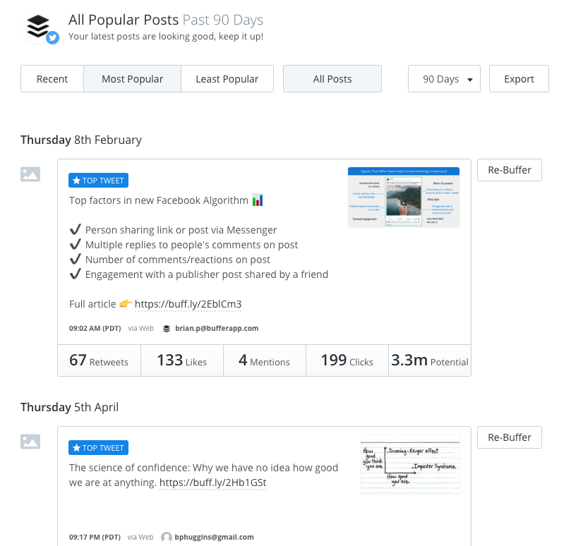 Buffer analytics: Posts Reports