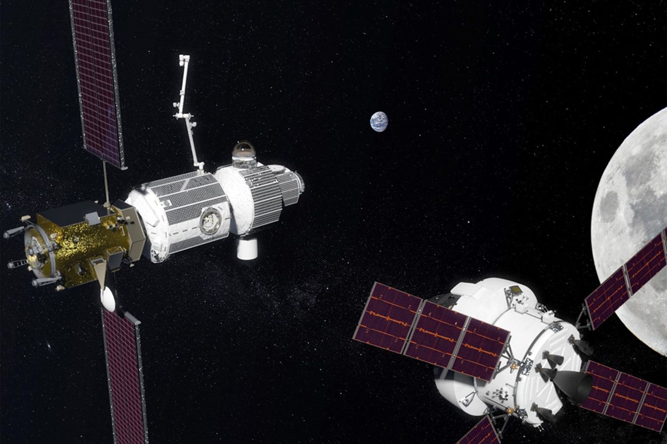 <em>An artistic rendering of NASA’s planned lunar station Gateway.</em>