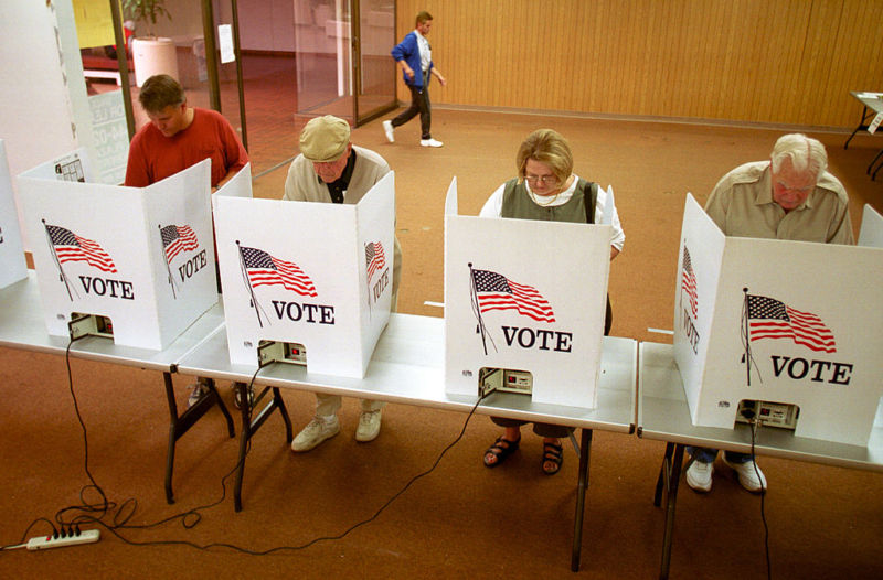 People using voting booths.