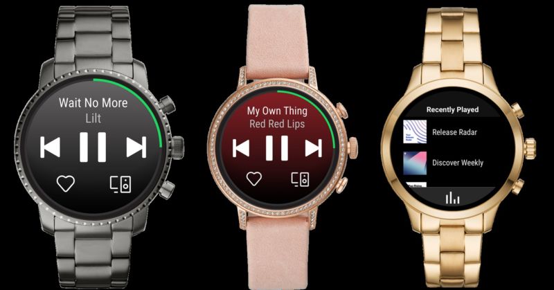 Spotify standalone Wear OS app on three Fossil smartwatch screens.