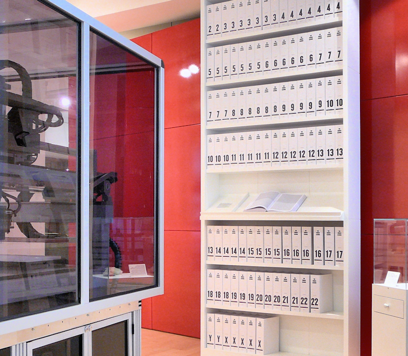 The first printout of the human genome to be presented as a series of books, displayed in the 'Medicine Now' room at the Wellcome Collection, London.