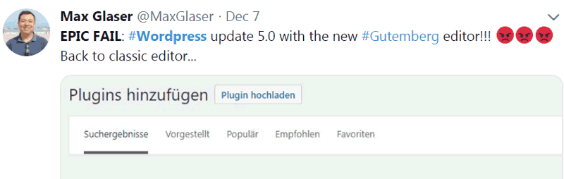 Screenshot of a tweet by someone who had a negative experience upgrading to WordPress 5