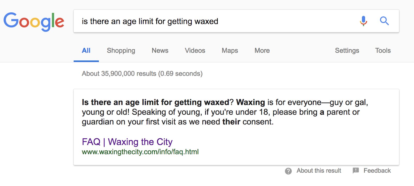 Waxing in the City FAQ Page - Featured Snippet