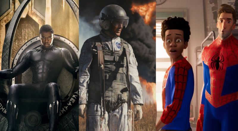 A collage of movie stills from Black Panther, First Man, and Spider-Man: Into the Spider-Verse.