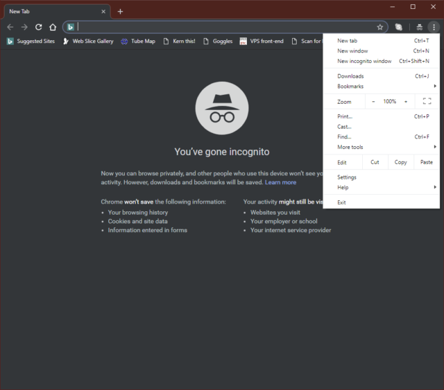 Incognito mode is also dark, but it's much less extensive. It retains light menus, for example.