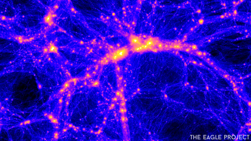 Image of a web of blue threads, representing dark matter, and orange galaxies that form along them.