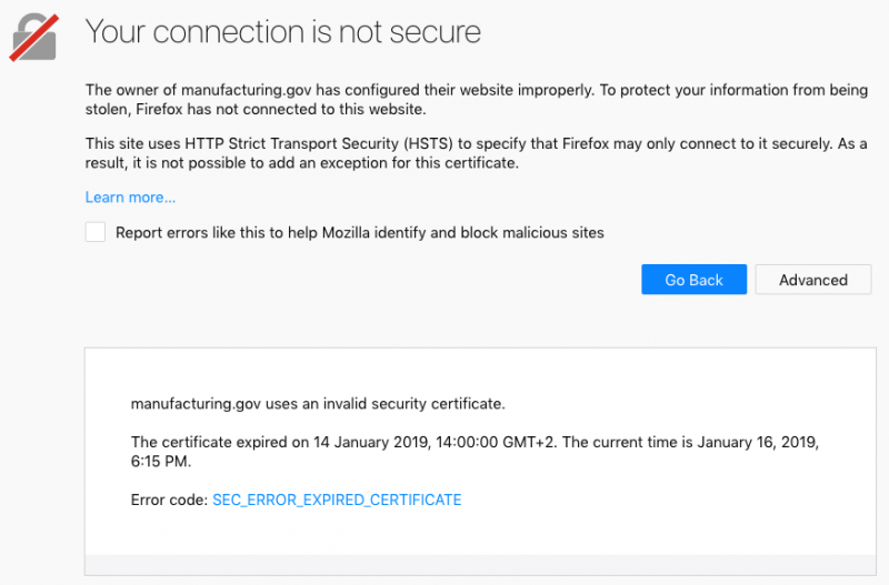 Expired certificate for manufacturing.gov Expired certificate for manufacturing.gov