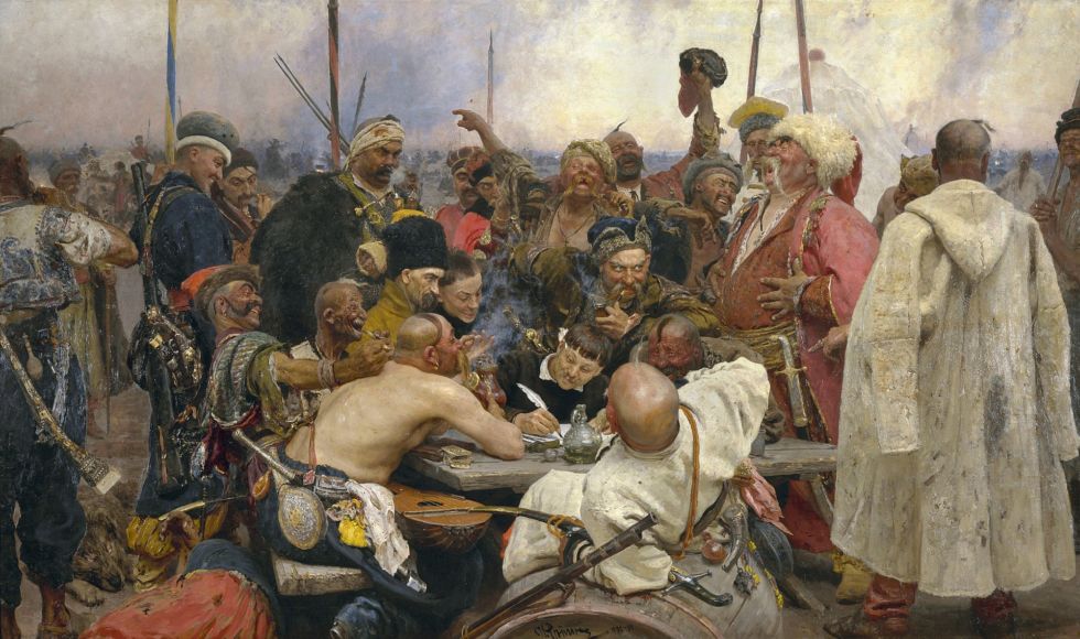 <em>Reply of the Zaporozhian Cossacks to Sultan Mehmed IV</em> by Ilya Repin (1844-1930).