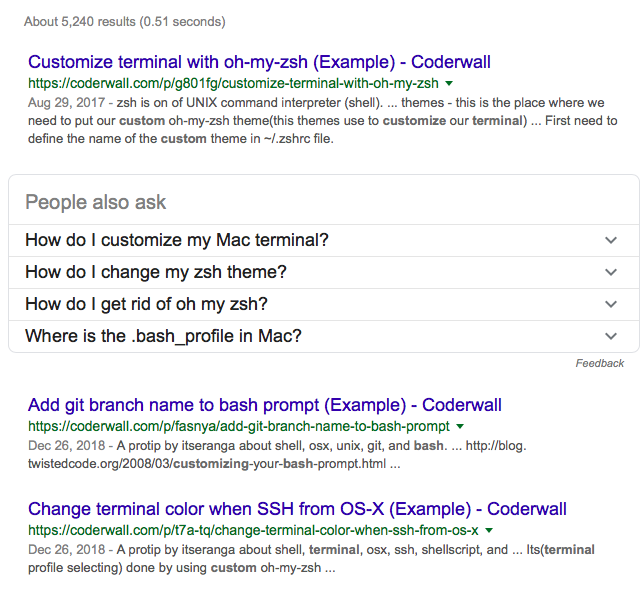 coderwall SERP with (example) at end of each title