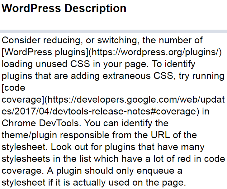 Closeup image of a screenshot of an example of a WordPress localized Lighthouse audit report item.