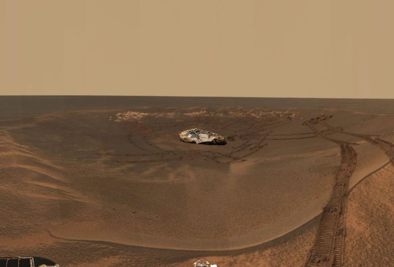 The Opportunity rover leaves its landing site in Eagle Crater on Mars back in 2004.