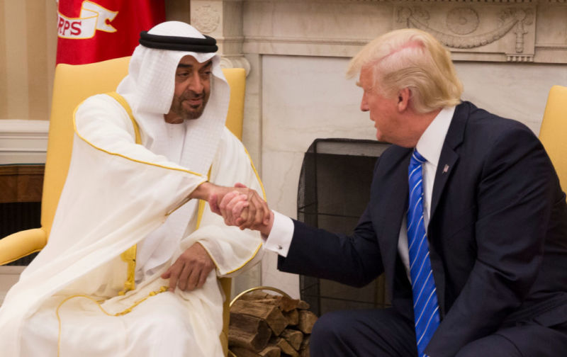 President Donald Trump welcomes Crown Prince Shaikh Mohammad bin Zayed Al Nahyan of Abu Dhabi in the Oval Office of the White House on May 15, 2017 in Washington, DC. 