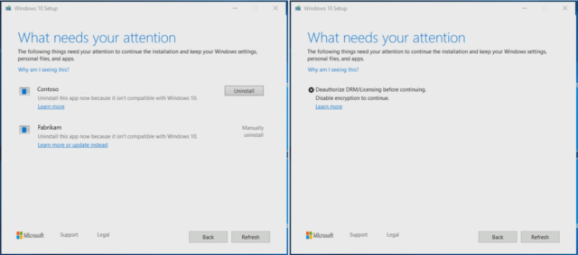 The new approach lets you make decisions on an app-by-app basis. Windows can't always take the remedial action for you, as on the right, but at least now it tells you the problem within setup rather than simply showing a KB article number.
