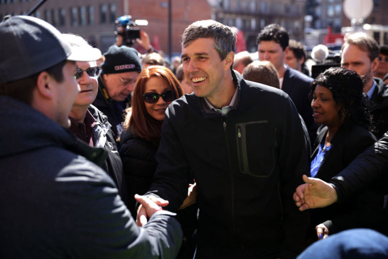 WATERLOO, IOWA - MARCH 16: Democratic presidential candidate and former Cult of the Dead Cow member Beto O'Rourke greets voters during a canvassing kickoff event with state senate candidate Eric Giddens March 16, 2019, in Waterloo, Iowa.