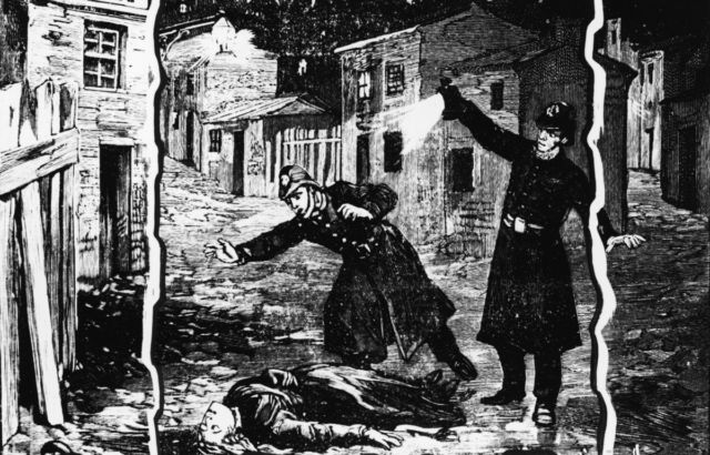Illustration shows the police discovering the body of one of Jack the Ripper's victims, probably Catherine Eddowes, in London, late September 1888.
