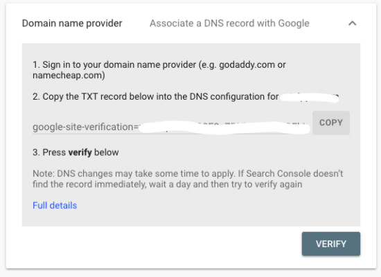 GSC Verify Domain Button