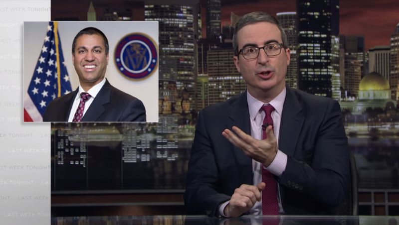 Screenshot from John Oliver's show on robocalls, with Oliver gesturing toward a picture of FCC Chairman Ajit Pai.