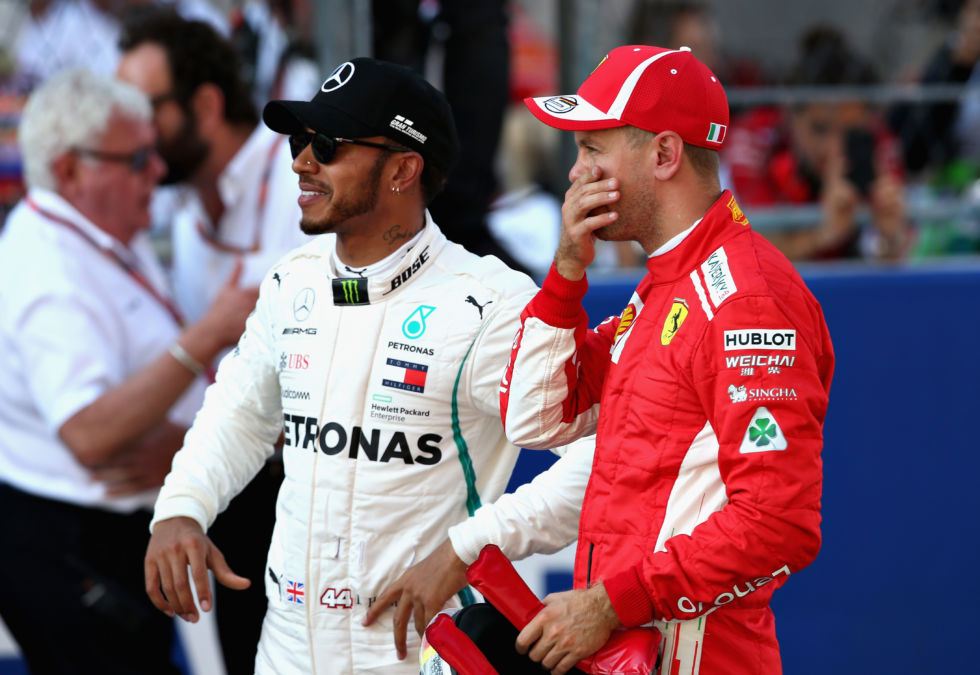 Lewis Hamilton (L) and Sebastian Vettel (R) at the Russian Grand Prix in 2018. Neither of the title rivals appears much in the series, but that just lets some of the other drivers shine.