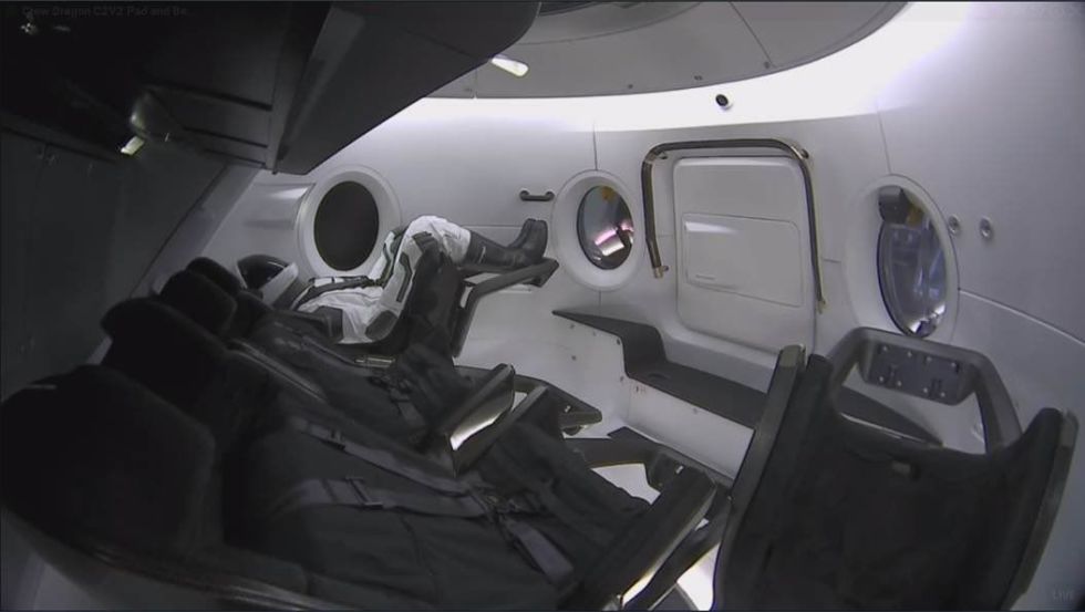 A view of the mannequin, Ripley, inside the Crew Dragon spacecraft. 