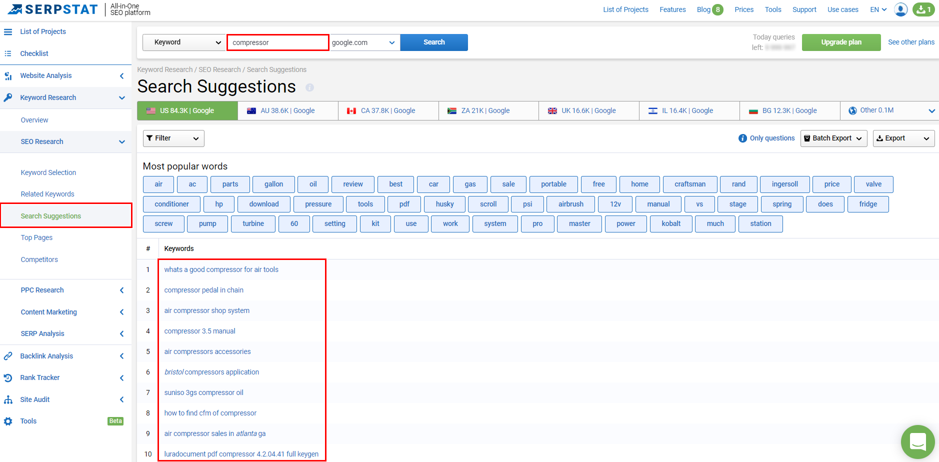 Examples of search suggestions in SERPSTAT