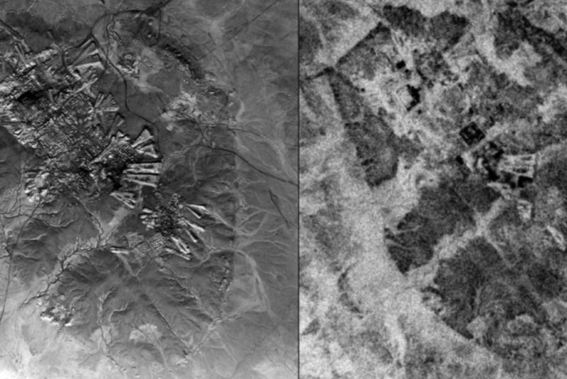 Comparison of the resolution of U2 aerial photography (left) over Ur, Iraq, from October 30, 1959, versus CORONA satellite imagery (right) taken May 4, 1968.