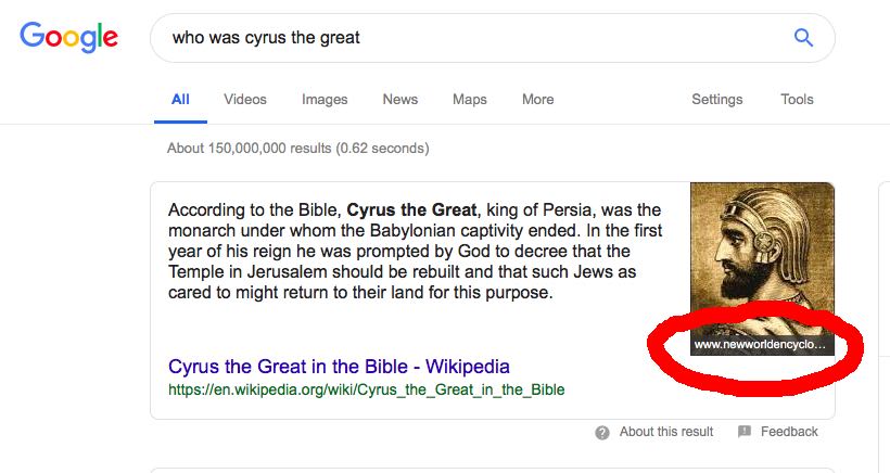 Example of Google snippet content and image fetching from two different sites