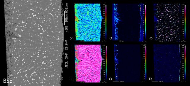 Backscattered electron image and X-ray maps from a cross-section of a scabbard fitting. There are higher concentrations of chromium toward the inner surface, which is more oxidized and has more tin and lead.