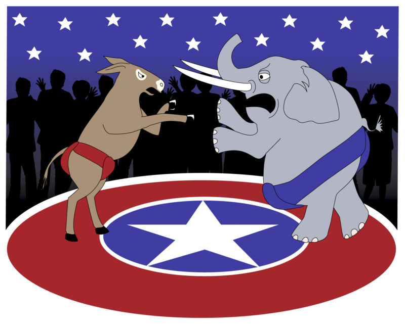 Drawing of a fight between a donkey and an elephant, representing Democrats and Republicans.