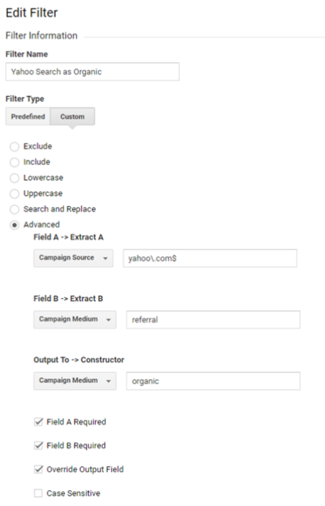 Example of a filter in Google Analytics to reclassify yahoo.com traffic from referral to organic