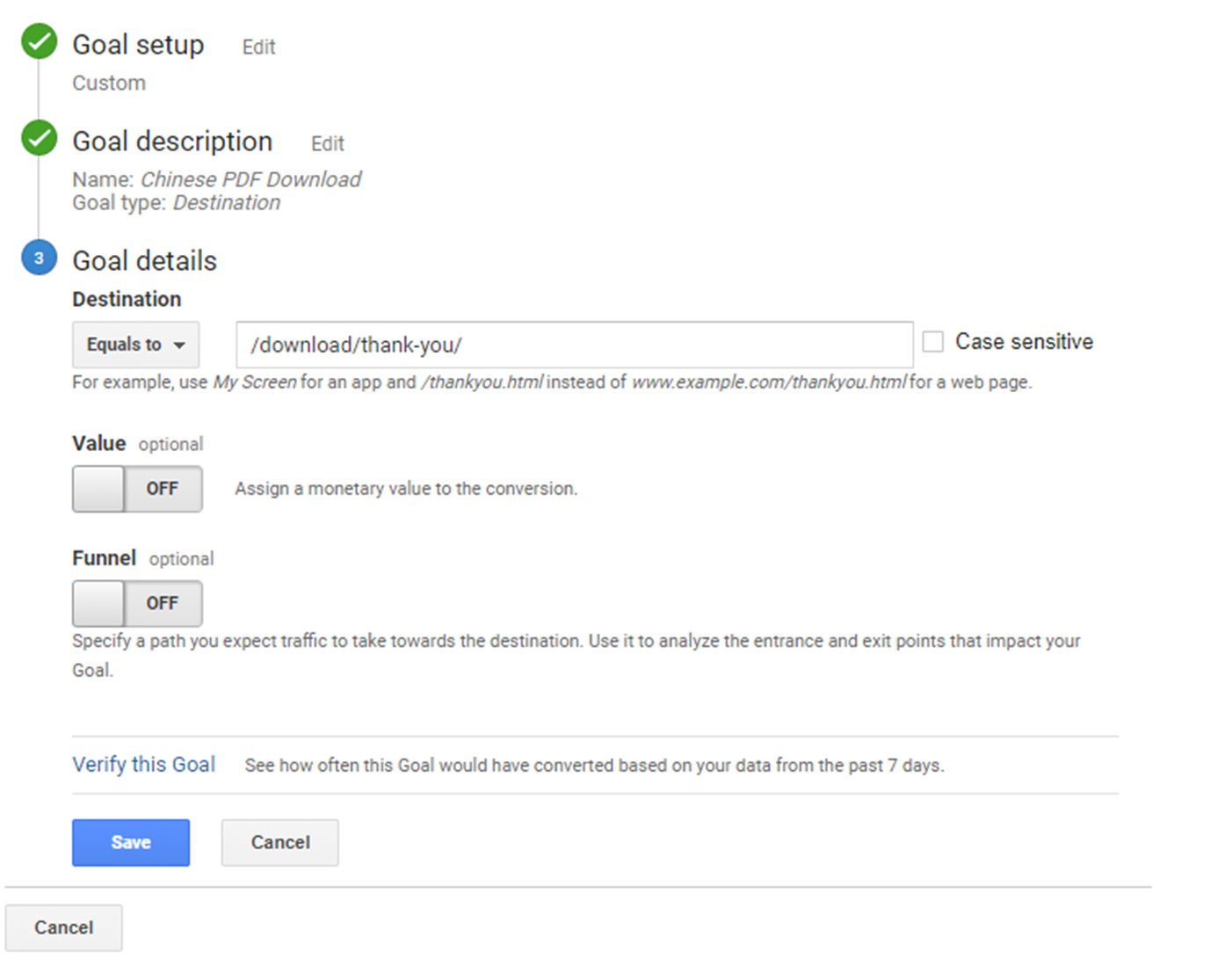 Example of tracking visitors' specific events by setting goals