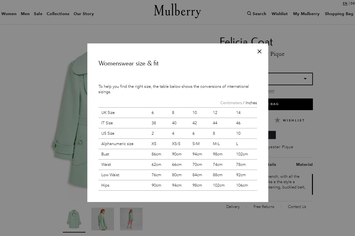 Screenshot of how Mulberry used pop ups to add product descriptions and details to save scroll time