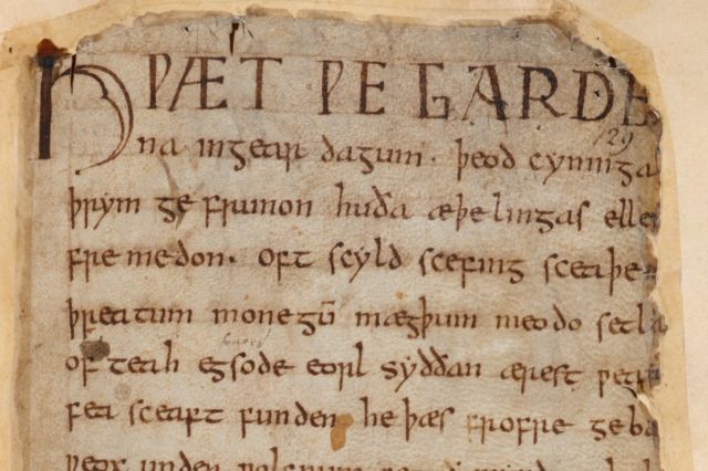 The first page of <em>Beowulf</em> in Cotton Vitellius A. xv, currently located within the British Library.