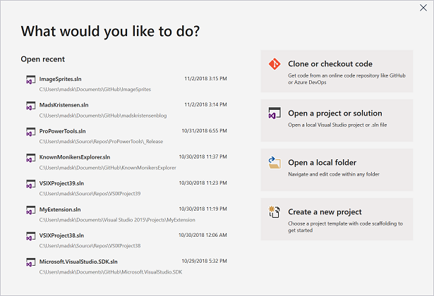 Visual Studio 2019 for Windows welcome screen.
